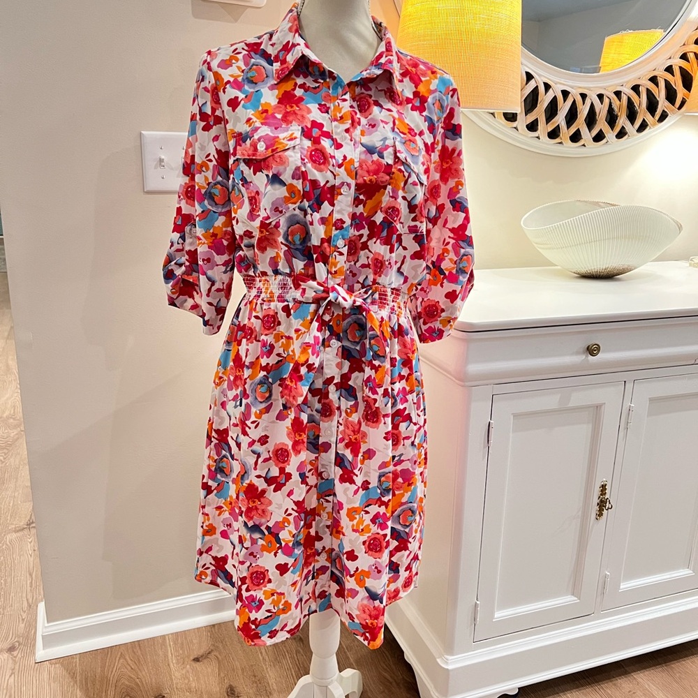 Red and Pink A-Line Dress with 3/4 Cuffed Sleeves for Casual Wear